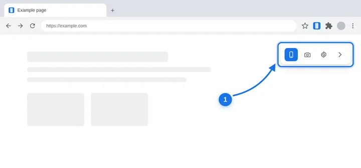 Mobile View Extension toolbar in Chrome with the mobile view, screenshot and device settings buttons