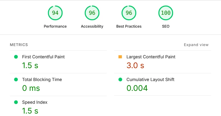 Lighthouse mobile report of the Mobile View Extension home page with Performance, Accessibility, Best Practices and SEO scores and the Core Web Vitals metrics