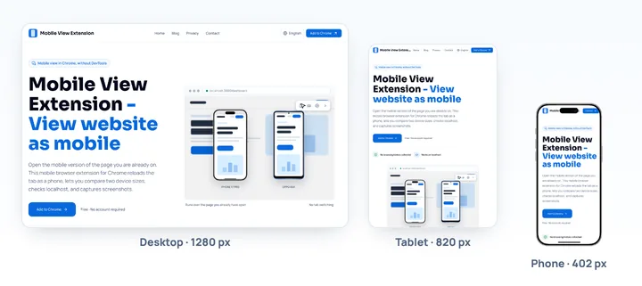 The Mobile View Extension home page rendered at desktop 1280 px, tablet 820 px and phone 402 px widths