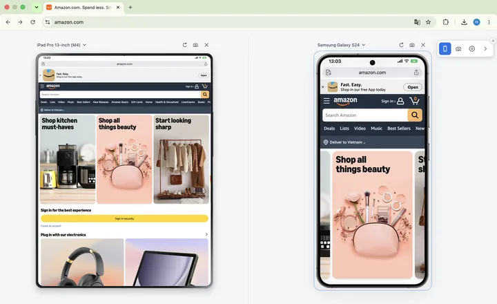Mobile View Extension showing the same page, amazon.com, on an iPad Pro 13-inch in portrait and on a Samsung Galaxy S24 side by side