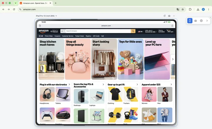 amazon.com in an iPad Pro 13-inch (M4) frame rotated to landscape in Mobile View Extension: the wide layout shows the full search bar, menu and four columns of product cards