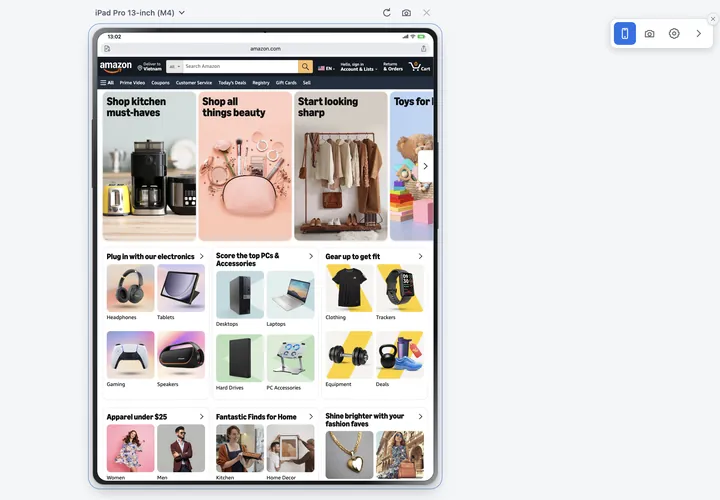 amazon.com in an iPad Pro 13-inch (M4) frame in portrait in Mobile View Extension, with three columns of product cards