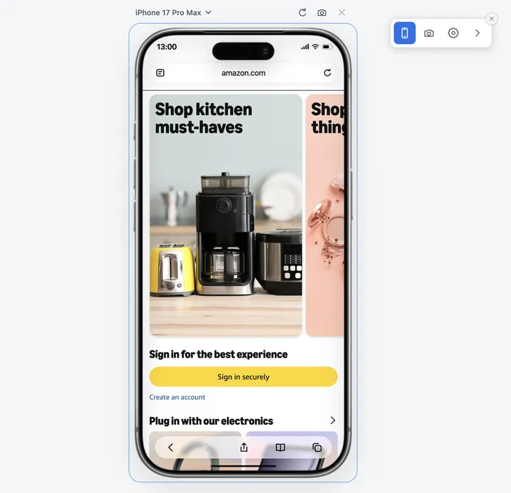 Mobile View Extension en Chrome muestra amazon.com en un marco de iPhone 17 Pro Max, con el menú de dispositivos encima del teléfono y la barra de herramientas flotante al lado