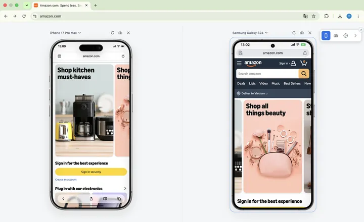 Mobile View Extension showing amazon.com side by side on an iPhone 17 Pro Max and a Samsung Galaxy S24 in one Chrome tab