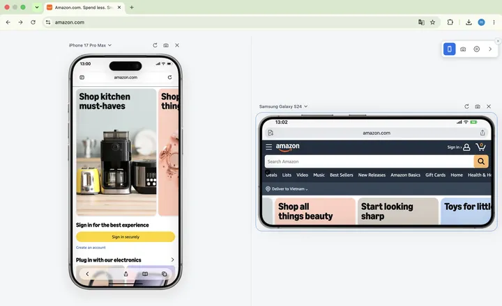 Mobile View Extension in Chrome with amazon.com on an iPhone 17 Pro Max in portrait and on a Samsung Galaxy S24 rotated to landscape
