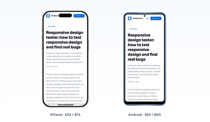 A blog article rendered in an iPhone frame at 402×874 and in an Android phone frame at 360×800