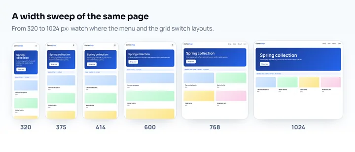 A width sweep of one demo page at 320, 375, 414, 600, 768 and 1024 px, showing where the menu and the product grid change layout